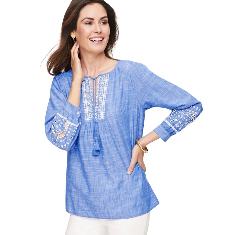 Talbots Blue Embroidered Peasant Blouse